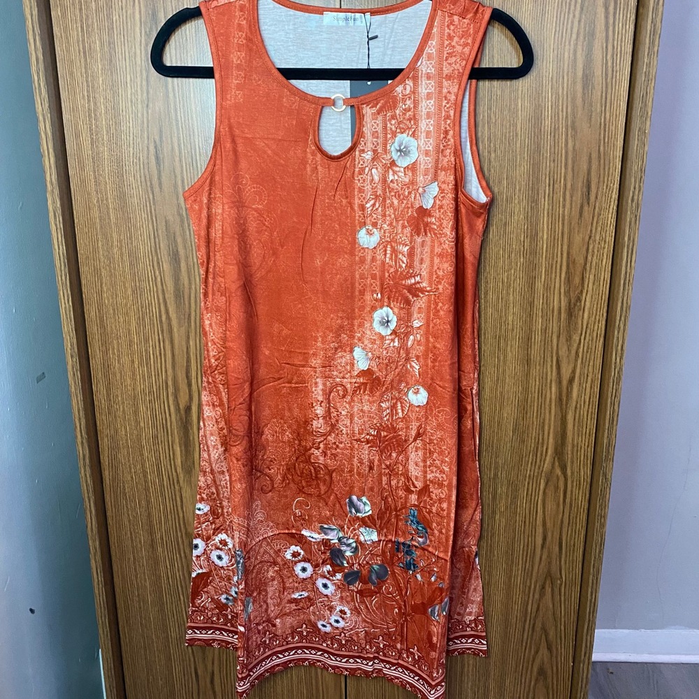 SimpleFun Summer Boho Dress Women Size S Red orange Floral New Keyhole Neck‎